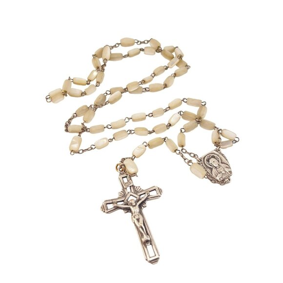 Vintage Catholic Rosary Beads With Crucifix and Virgin Mary Medal Mother of Pear - Picture 1 of 5